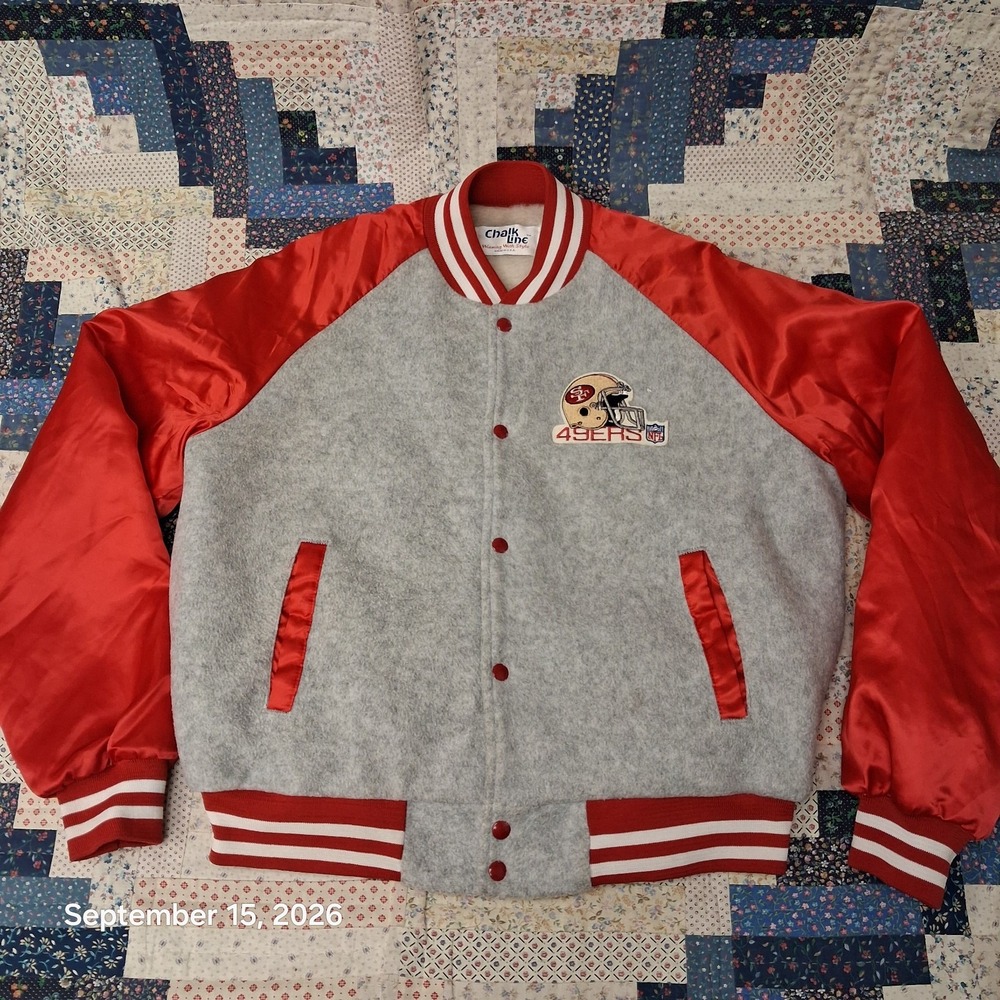 80s Vintage San Francisco 49ers Chalk Line Jacket Mens Large Satin Wool Sherpa